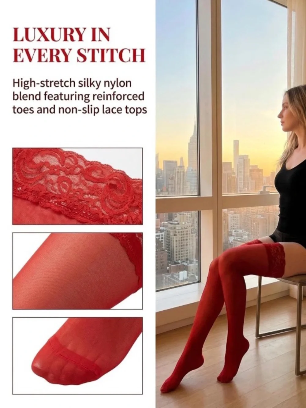 💞 New Sheer Red Floral Lace Top Thigh High Nylon Stockings